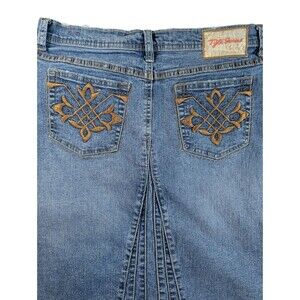 VTG Y2K Tyte Jeans Skirt Distressed Sz 11 Denim Blue Mini 30x21 90s Embroidered
